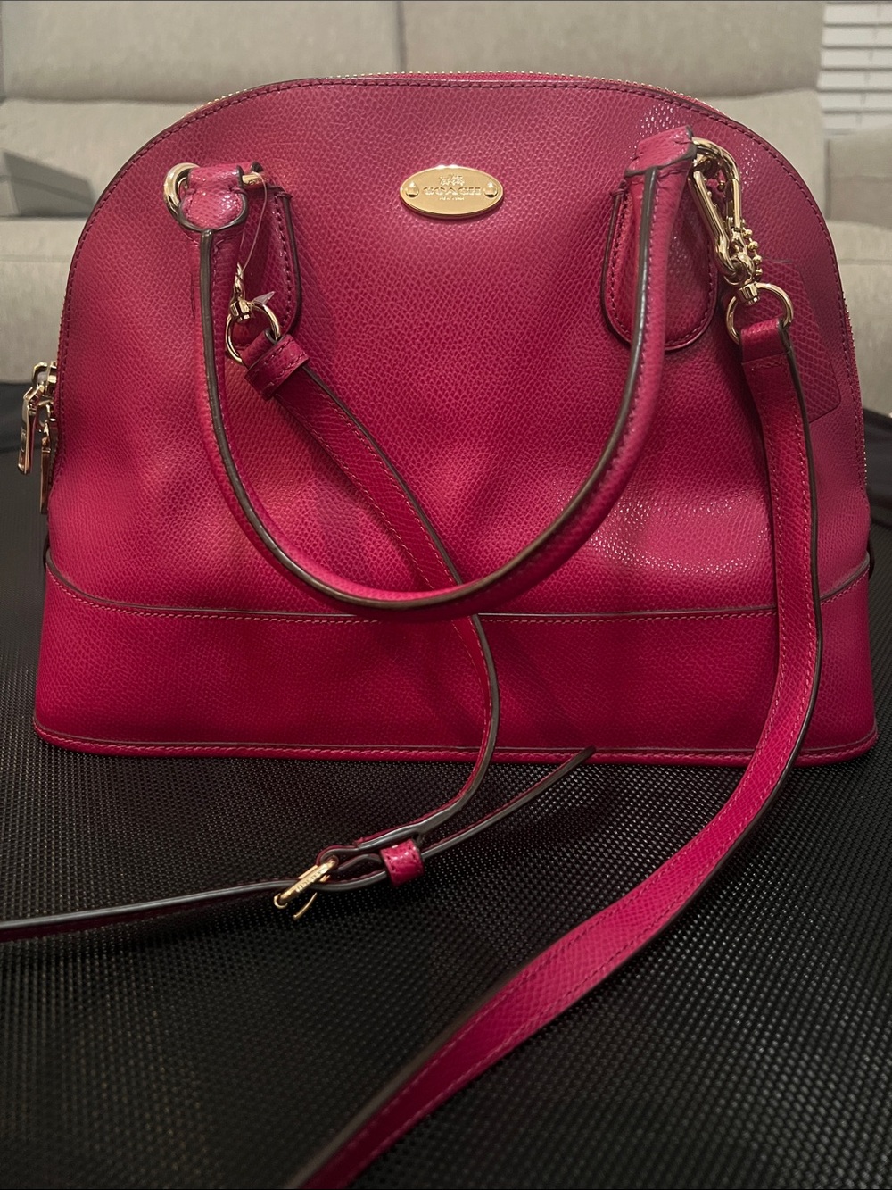 COACH Cora Hot Pink Leather Domed Satchel with Gold Hardware and Crossbody Strap